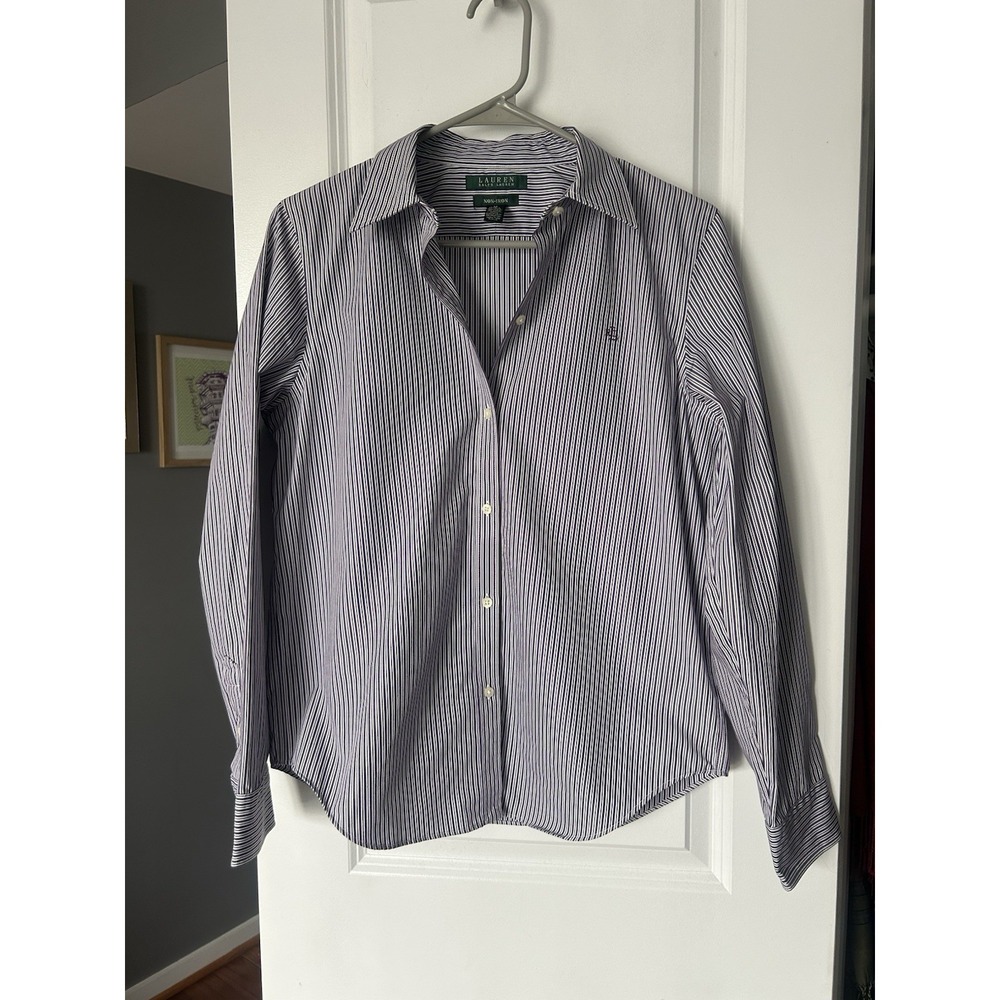 Lauren Ralph Lauren LRL Non-Iron Purple White Stripe Button Up Shirt Size Medium